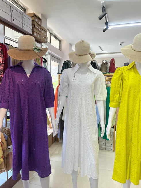 Cotton Embroidered Turn Down Collar Casual Dress